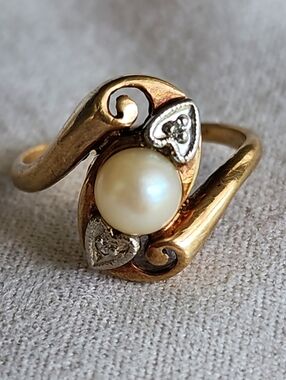 Antique Heart Pearl 10kt Ring Size 6.25